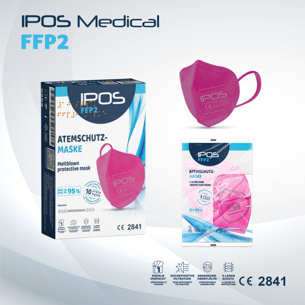 10er Box Pink IPOS FFP2 Atemschutzmaske (EINZELVERPACKT)
