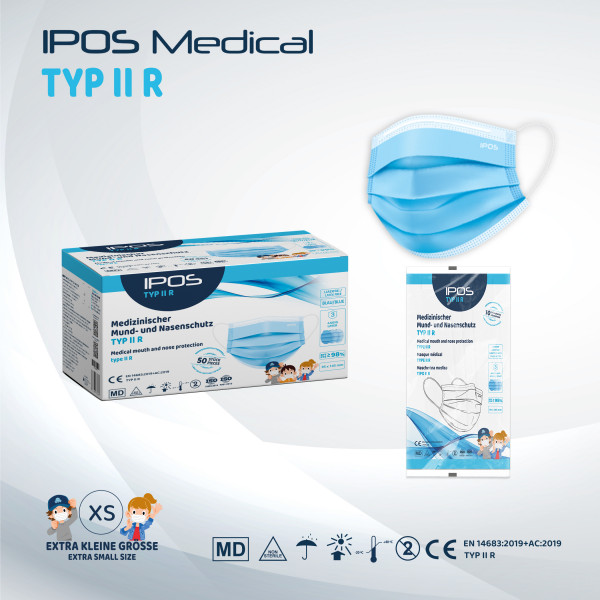IPOS - Typ IIR - MNS Maske Blau Small - 50er Pack - 3-lagig