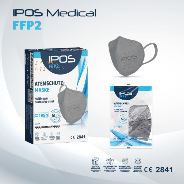 10er Box Grau IPOS FFP2 Atemschutzmaske (EINZELVERPACKT)