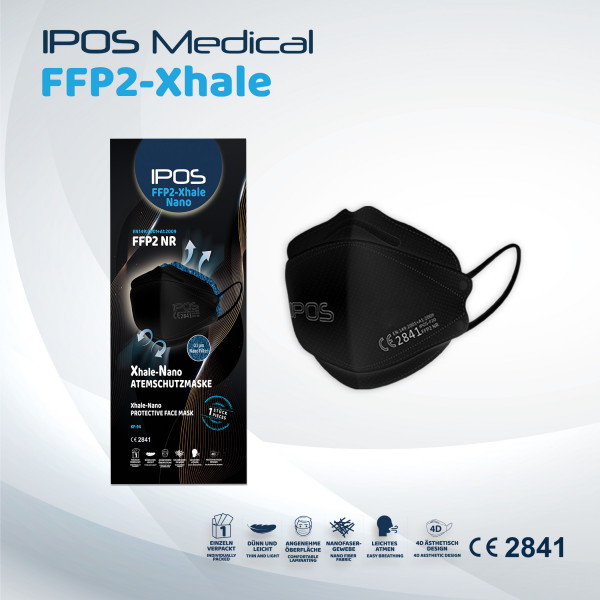 IPOS-FFP2 Xhale Nano 10er Box Schwarz ATEMSCHUTZMASKE (EINZELVERPACKT)