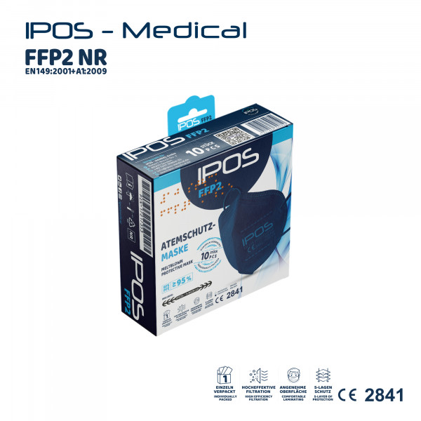 10er Box Blau IPOS FFP2 Atemschutzmaske (EINZELVERPACKT)
